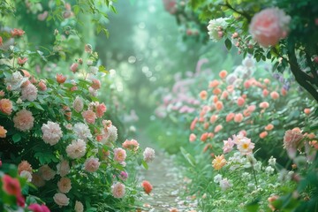 Beautiful garden filled with pastel flowers, creating a serene and peaceful ambiance. The colorful...