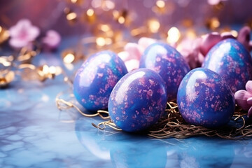 Blue easter eggs in nest on festive background