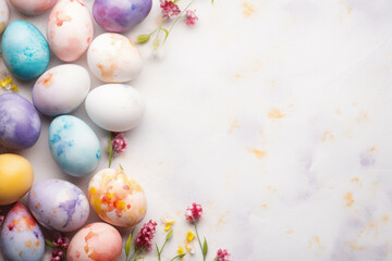 Fototapeta na wymiar Pastel colored Easter eggs with floral accents on white