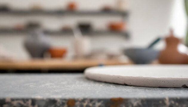 Empty table in ceramic workshop and local interior, pottery and small ceramic arts workshop, crafts or creative startup studio. Empty workstation of an art room for craft, painting or clay molding cla