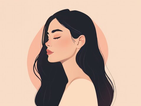 A hyper-realistic digital illustration of a woman with long dark hair, depicted in a minimalistic style with white and pink tones. The portrait is elegant, feminine, and serene, showcasing modern bea