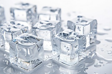 Stacked ice cubes on frosty white background, glistening with light reflections. Crystal clear and geometric pattern, exuding purity and freshness