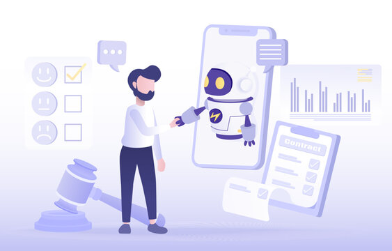 Collaboration between human and ai robot to deal contract. Meeting, assistance, strategy planning, creativity, satisfaction, data analysis. Flat vector design illustration.