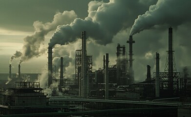 An industrial landscape captures a factory's silhouette against a dusky sky, with towering chimneys emitting plumes of smoke