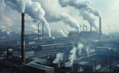 A panoramic view of an industrial complex emitting plumes of white smoke into the air, under a hazy sky