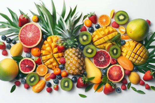 A vibrant display of tropical fruits including pineapples, mangoes, strawberries, and kiwis on a pristine white background. The hyper-realistic composition captures the freshness and juiciness