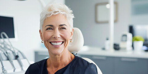 Happy mature woman at dentist. Middle aged beautiful woman having teeth examination and consultation with dentist at dental office. Teeth whitening, dental treatment, oral hygiene, teeth restoration - obrazy, fototapety, plakaty