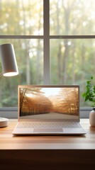 Minimalist laptop on a wooden desk soft white light - obrazy, fototapety, plakaty
