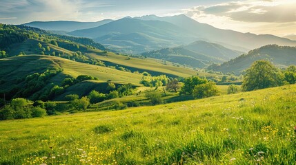 Fototapeta na wymiar beautiful countryside of romania. sunny afternoon. wonderful springtime landscape in mountains. grassy field and rolling hills. rural scener