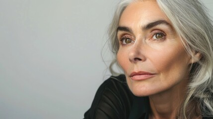 Fototapeta premium Beautiful gorgeous 55s mid aged mature woman looking at camera isolated on white. Mature old lady close up portrait. Healthy face skin care beauty, middle age skincare cosmetics, cosmetology concept