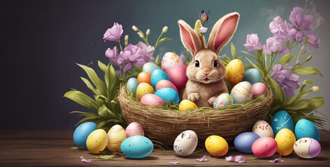 Fototapeta na wymiar easter bunny in a basket with eggs