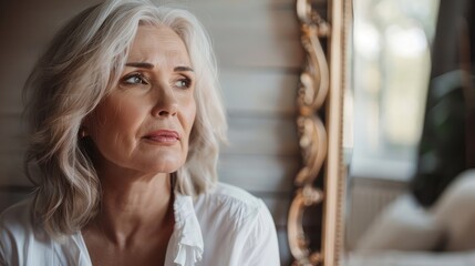 Beautiful senior woman near mirror in room - obrazy, fototapety, plakaty