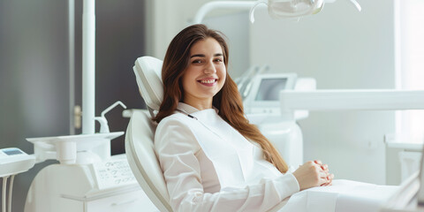 Beautiful smiling young woman is sitting in dental chair in clinic. Doctor is preparing for examination of teeth with tools. Dental clinic promotion. Teeth whitening, dental treatment, oral hygiene - obrazy, fototapety, plakaty