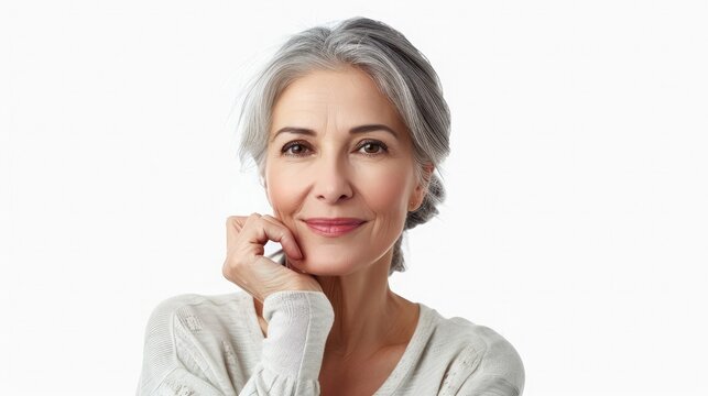 Beautiful gorgeous 55s mid aged mature woman looking at camera isolated on white. Mature old lady close up portrait. Healthy face skin care beauty, middle age skincare cosmetics, cosmetology concept