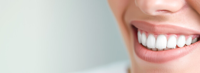 Obraz premium Dental clinic banner. Close up of female beautiful smile with perfect white teeth. Copy space. Teeth whitening, dental treatment, teeth examination, oral hygiene, teeth restoration. Special offer