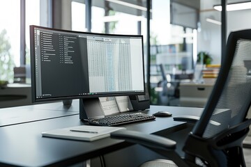 Modern office cubicle with sleek black design, clutter-free desk, neatly stacked papers, and shiny silver pen on an ergonomic chair. Efficient and organized workspace in a corporate setting