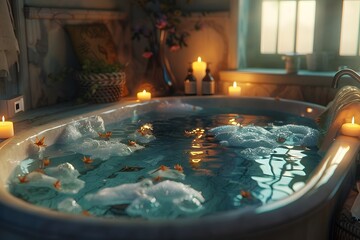 Bathtub in the bathroom, relaxing bath with candles.