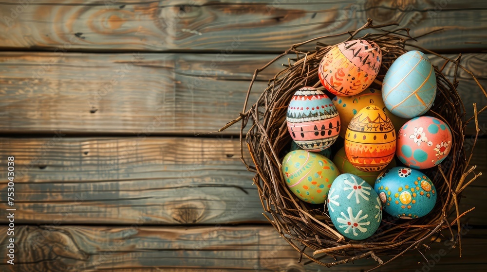 Poster easter eggs in various patterns and colors in a bird's nest placed on a wooden floor decorated in re