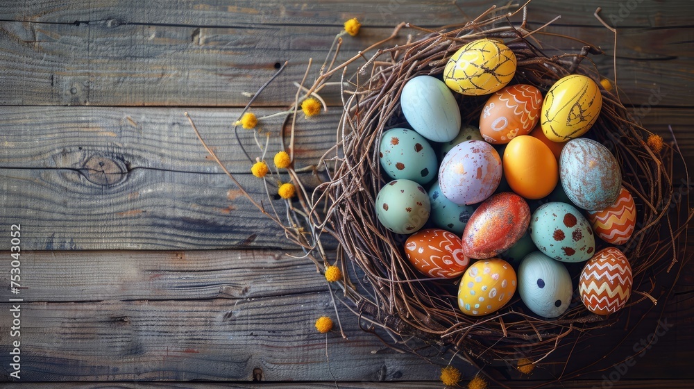 Poster easter eggs in various patterns and colors in a bird's nest placed on a wooden floor decorated in re