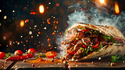 Chicken shawarma durum doner kebab. kafta shawarma chicken pita wrap roll sandwich. Traditional Middle Eastern snack. Delicious beef shawarma sandwich fresh roll with spices on dark background - obrazy, fototapety, plakaty
