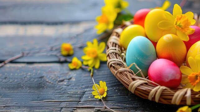 Easter background, colorful eggs on a wicker plate decorated with yellow flowers. Space for text