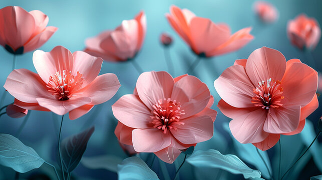 Artificial flowers in front of a blue wall. In the style of dark teal and light pink. Delicate paper cutouts.
