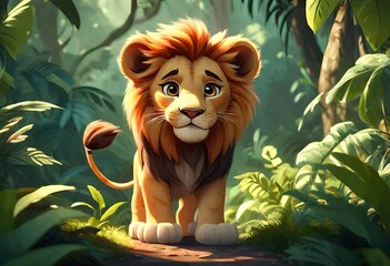 lion in the jungle, cartoon vector illustration