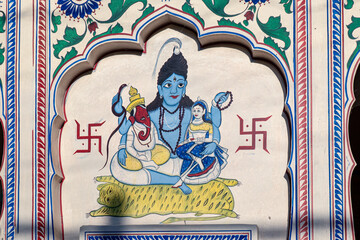 old traditional mural paintings at a historic Haveli in Mandawa