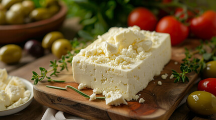 A block of creamy Feta Cheese, crumbled and served on a rustic wooden board, surrounded by fresh olives, tomatoes