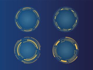 Naklejka premium Set of technological round, abstract vector illustration on a dark background. Game element for user interface, digital sci-fi drawing. Futuristic torn yellow uniform