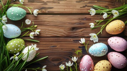 Obraz premium Ester background.Easter colored eggs and snowdrops flowers on wooden table.Template for greeting card
