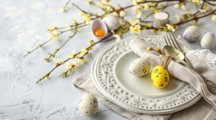 Festive Easter background with plate, napkin, tableware, Easter eggs and willow catkin branches, Happy Easter greeting card