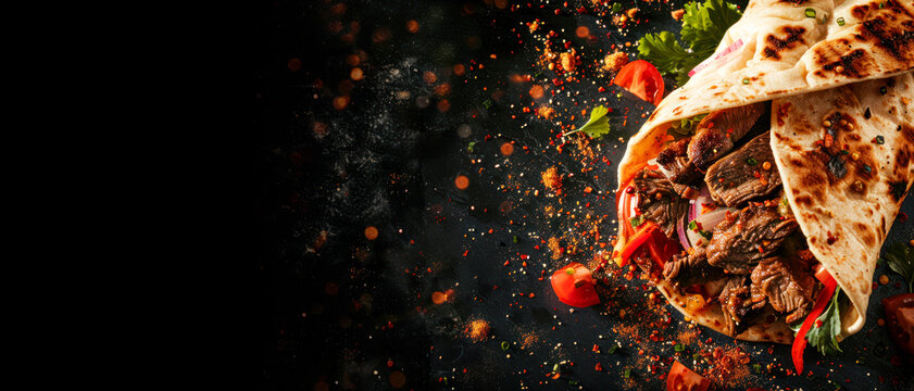 Chicken shawarma durum doner kebab banner. kafta shawarma chicken pita wrap roll sandwich. Delicious beef shawarma sandwich fresh roll with spices on dark background. Copy space, menu