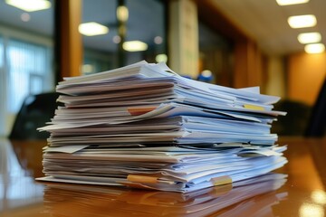 Neatly stacked paperwork on a polished desk in a bright office setting. Detailed documents, crisp pages, and untouched papers in an organized arrangement