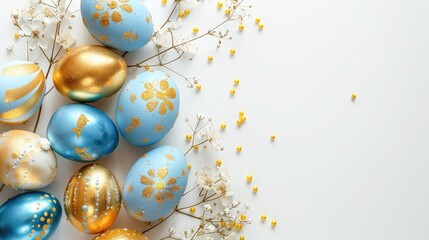 Obraz na płótnie Canvas Golden and blue Easter eggs on on white background. Holiday concept. Happy Easter card with copy space