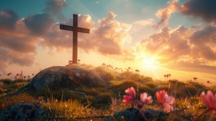 Good Friday concept: Empty tomb stone with cross on meadow sunrise background - obrazy, fototapety, plakaty