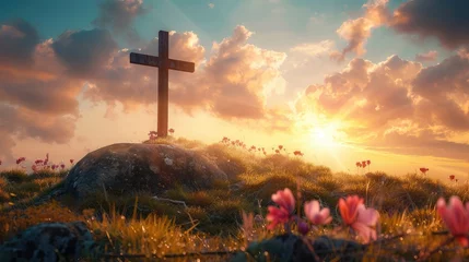 Fotobehang Good Friday concept: Empty tomb stone with cross on meadow sunrise background © buraratn