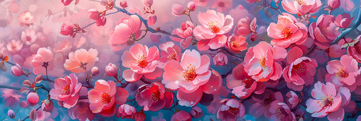 A beautiful watercolor illustration of a pink cherry blossom or cherry blossom on a blue background. A symbol of spring, nature and awakening. Banner, picture - obrazy, fototapety, plakaty