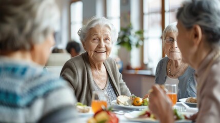 Group of senior friends communicating while eating lunch in nursing home. Focus is on happy woman.