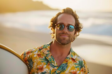 Relaxed mid-30s man in vibrant Hawaiian shirt smiling on sandy beach with classic surfboard. Serene summer vibe with ocean view and warm glow