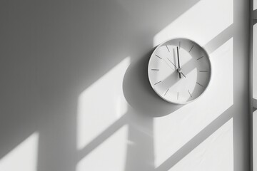 A minimalist white wall clock with sharp edges hangs in the center, casting a relentless shadow symbolizing time passing and monotony