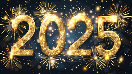 2025 new year greeting card with big golden numbers, dark background, fireworks, and golden bokeh