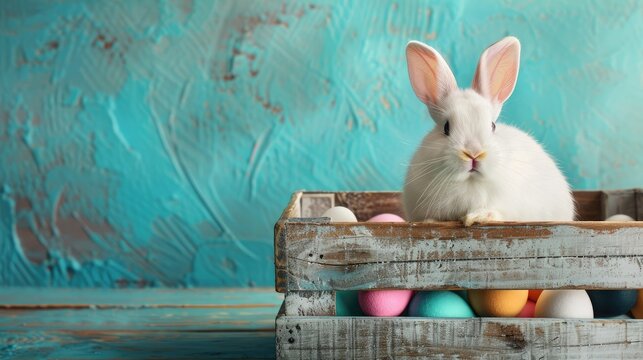 Little white rabbit in the wooden box with blue background surround with different color of ester eggs.