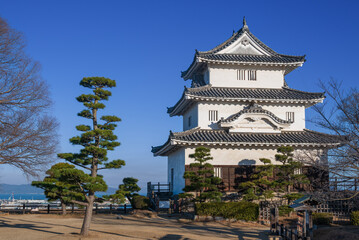 朝日を浴び頂上にそびえる天守閣