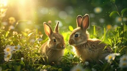 Rabbits. Beauty Art Design of Cute Little Easter Bunny in the Meadow. Spring Flowers and Green Grass. Bunnies. Sunbeams