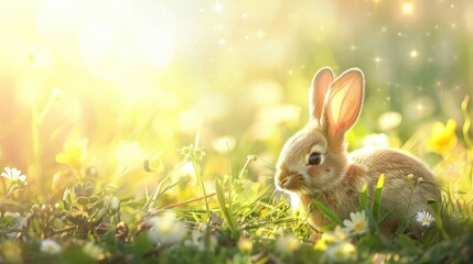 Rabbits. Beauty Art Design of Cute Little Easter Bunny in the Meadow. Spring Flowers and Green Grass. Bunnies. Sunbeams - obrazy, fototapety, plakaty
