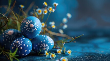 Tender dark blue Easter decoration, painted Easter eggs. Copy space, Ester holiday postcard concept - obrazy, fototapety, plakaty