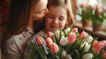 tender son kisses the happy mother and gives her a bouquet of tulips, congratulating her on mother's day during holiday celebration at home