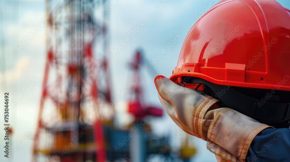 Wall mural worker is holding safety hardhat or helmet with blurred background of drilling rig derrick structure - Wall murals