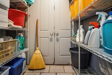 Organized utility room filled with cleaning supplies like brooms, mops, spray bottles, and sponges neatly arranged on shelves. Ideal for household chores and home maintenance - obrazy, fototapety, plakaty